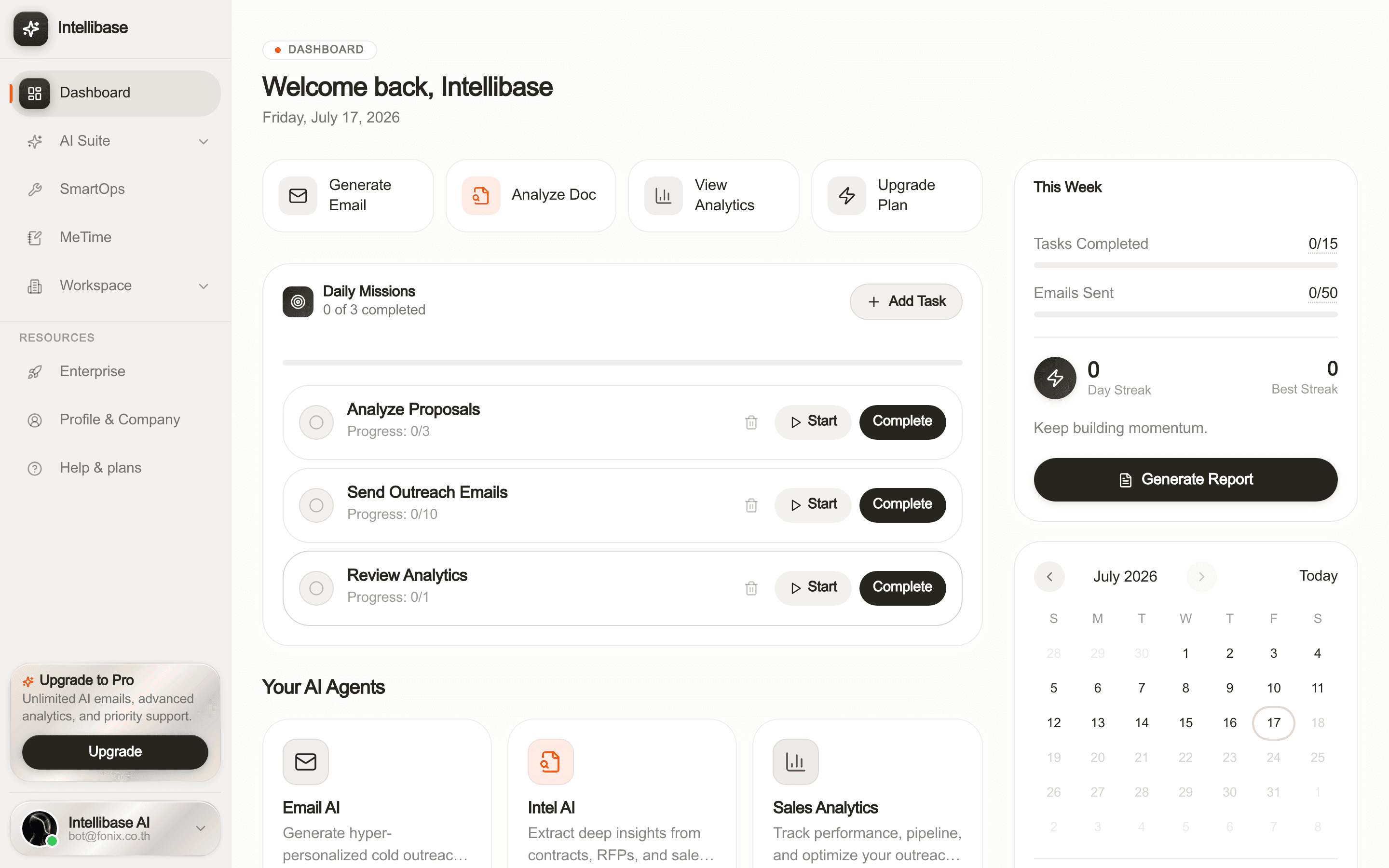 Intellibase dashboard: usage analytics, activity, and quick actions